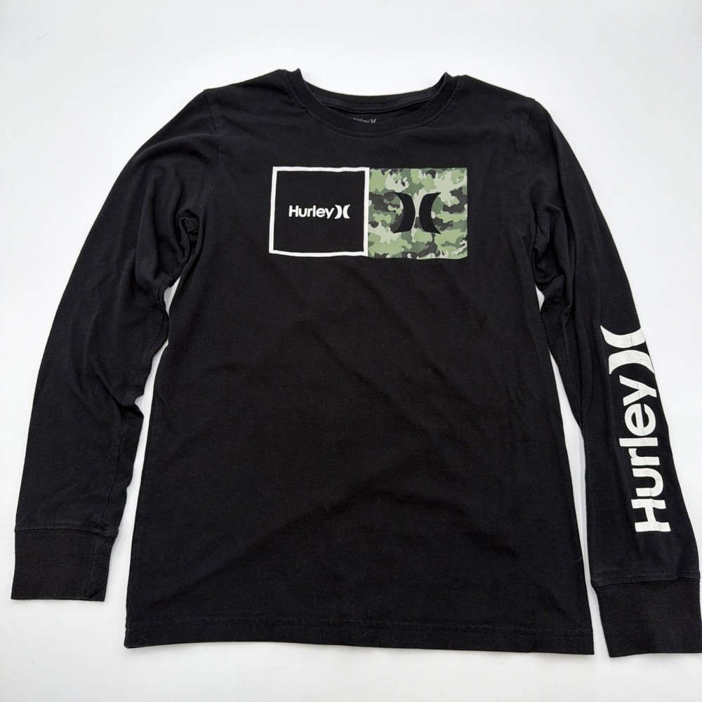 Hurley Boys Youth XL Long Sleeved T Shirt Black Front Split Logo Camo Skate Surf